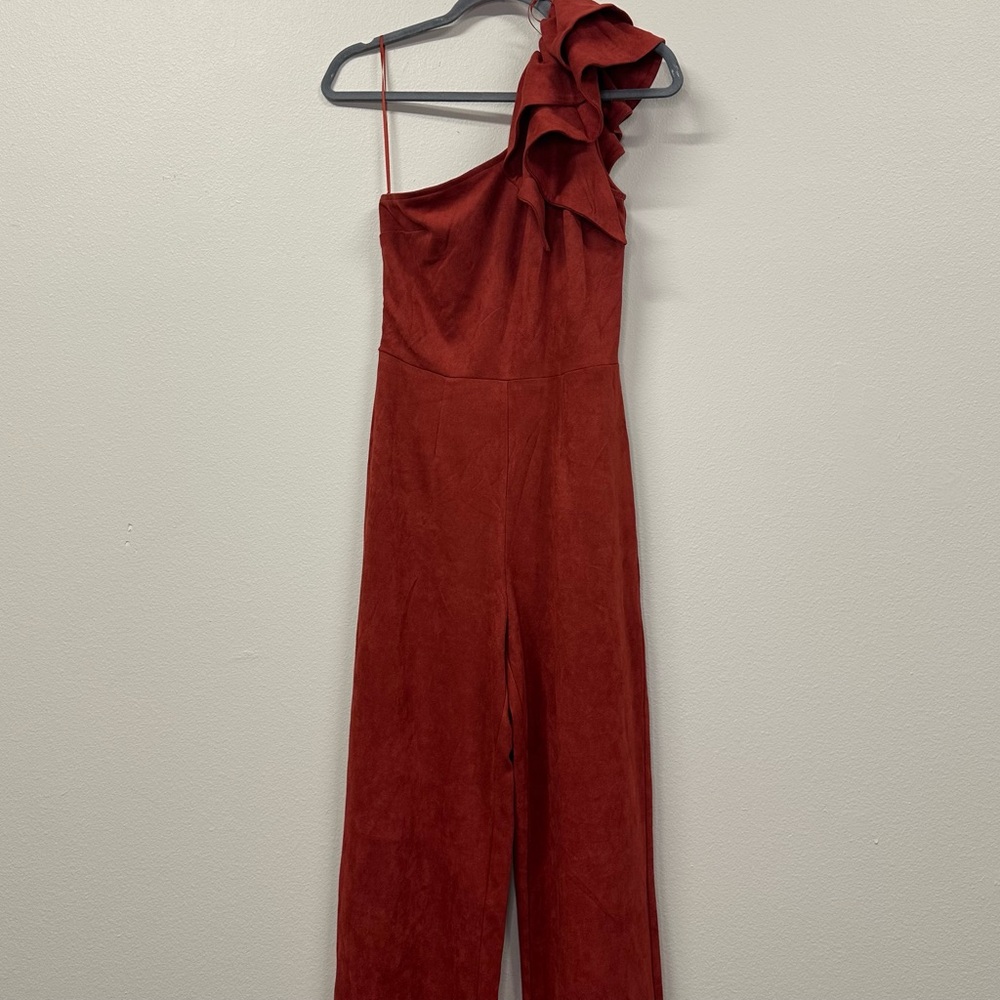 Elegant One-Shoulder Rust Jumpsuit | Size S
